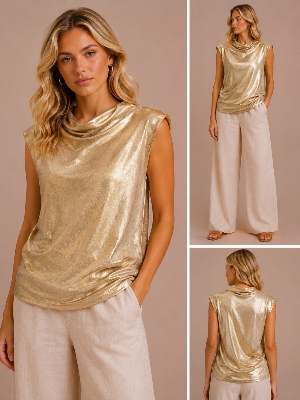 Maeve Shimmery Gold Cowl Neck Sleeveless Top